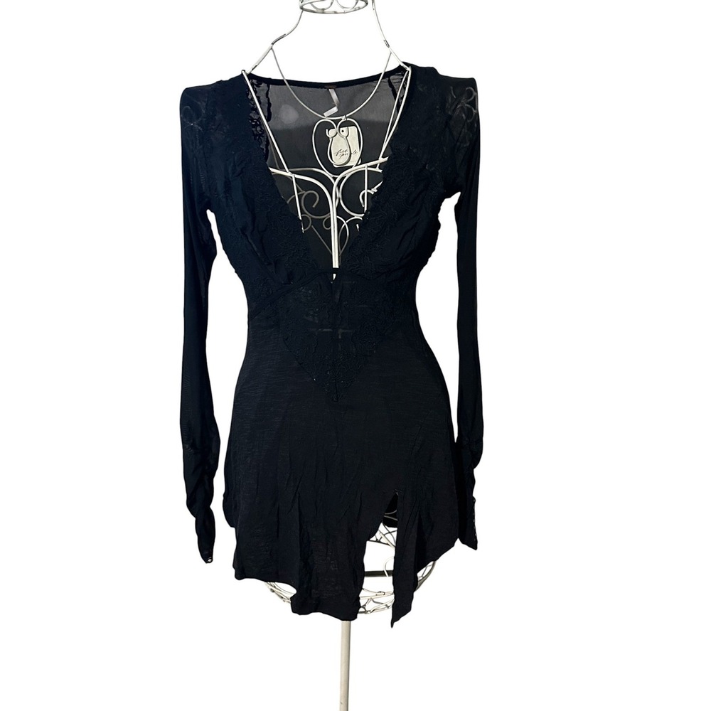 NWT Free People Black Lace Mesh Deep V Neck Long Sleeve Mini Dress OB1806234 S